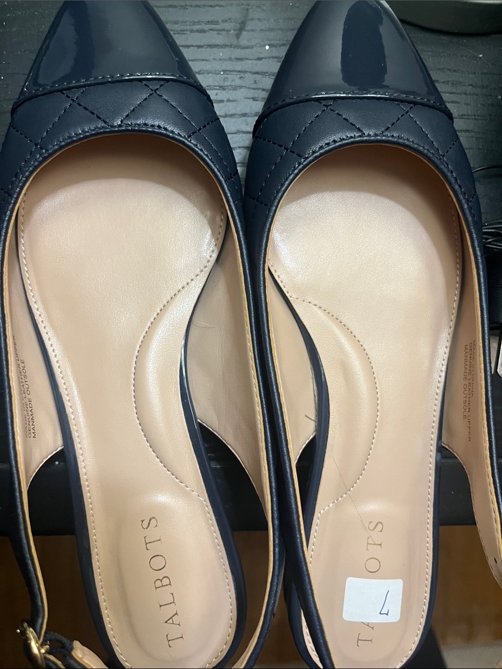 Talbots Navy Quilted Slingback Flats with Patent Pointed Toe